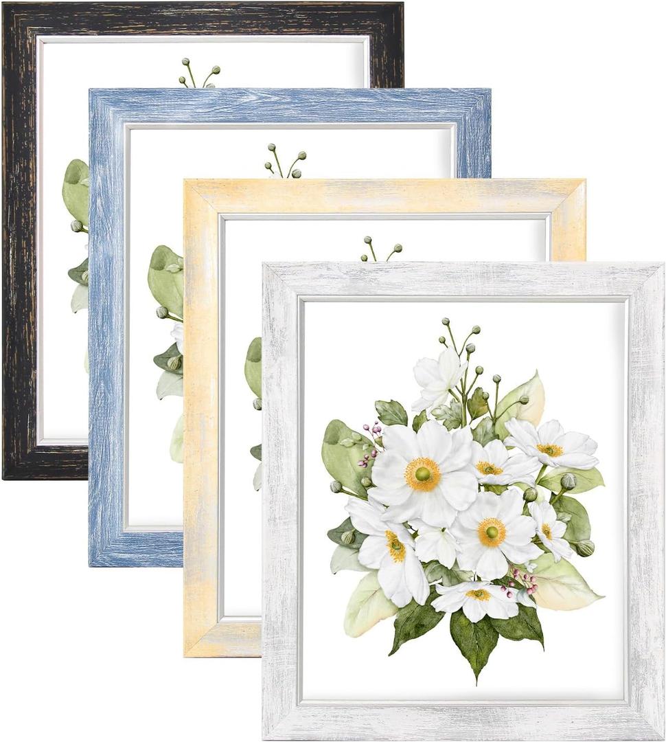 AAQ 8x10 Picture Frames Set of 4, Rustic Farmhouse Photo Frame with HD Plastic Cover,8x10 without Mat or 5x7 with Mat for Wall or Tabletop Display Home Office Gift (Multicolour)
