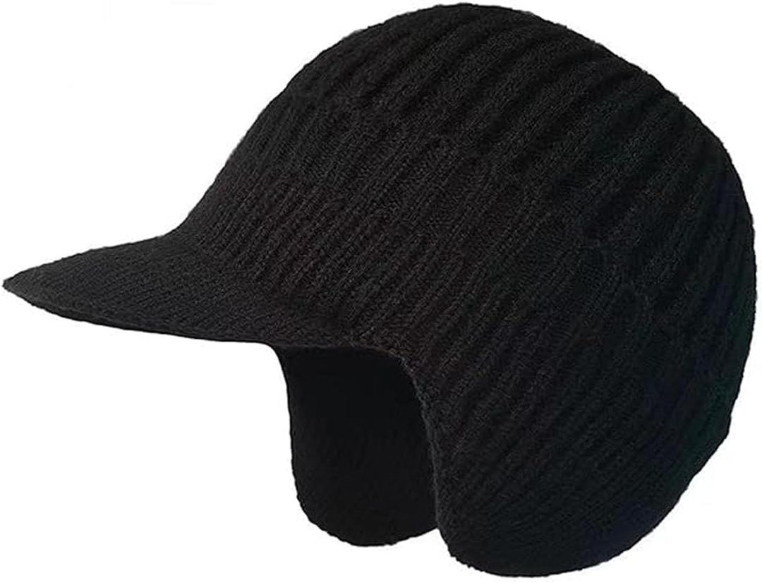 Cozy Head Beanie for Men - Winter Beanie with Brim and Ear Flaps, Outdoor Warm Fleece Lined, Ear-Covered Woolen, Fleece-Lined Knitted Hat for Cold Weather Black