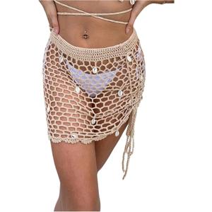 SHENHE Women's Sheer Crochet Hollow Out Shell Swimwear Swimsuit Cover Up Beach Skirt (Medium, Pricot)