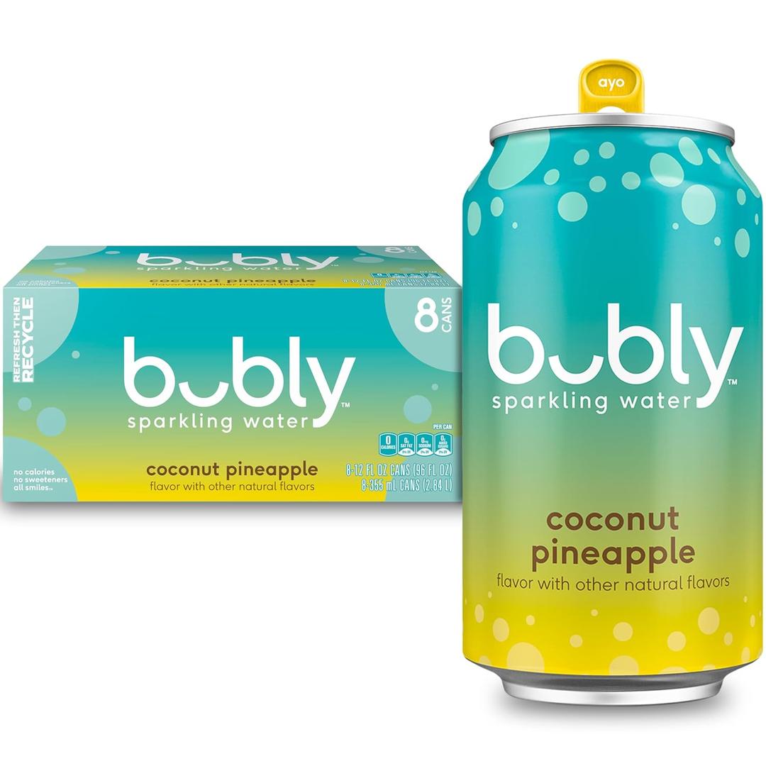 bubly Sparkling Water, Coconut Pineapple, Zero Sugar & Zero Calories, 12 Fl Oz Cans (Pack of 8) (EXP 10/13/26)