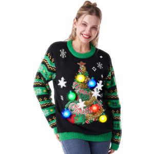 Giggling Getup Ugly Christmas Sweater with Light, LED Ugly Christmas Sweater for Women Men Kids 2025 Christmas Tree(Green)