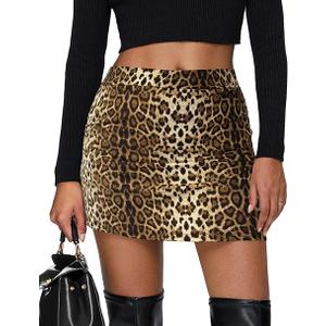 Women's Leopard Print Mini Skirt Short Skorts Elastic Waistband Sexy Bodycon Pencil Cheetah Club Skirts with Shorts, XL, Small Yellow Leopard