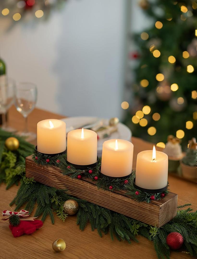 Romadedi Wood Candle Holders Christmas - Farmhouse Pillar Candle Holder with Mini Wreaths Xmas Dining Table Centerpiece Decor for Advent Winter Holiday Rustic Home Gift 16.5 Inch