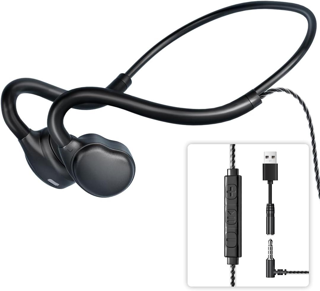 3.5mm Open Ear Headphones Wired headphones with Mic, 3.5mm+USB Connection, Air Conduction Wired Headset with Premium Sound Ultra-Light USB Headset Perfect for Phones Tablets PC Speakers -Black