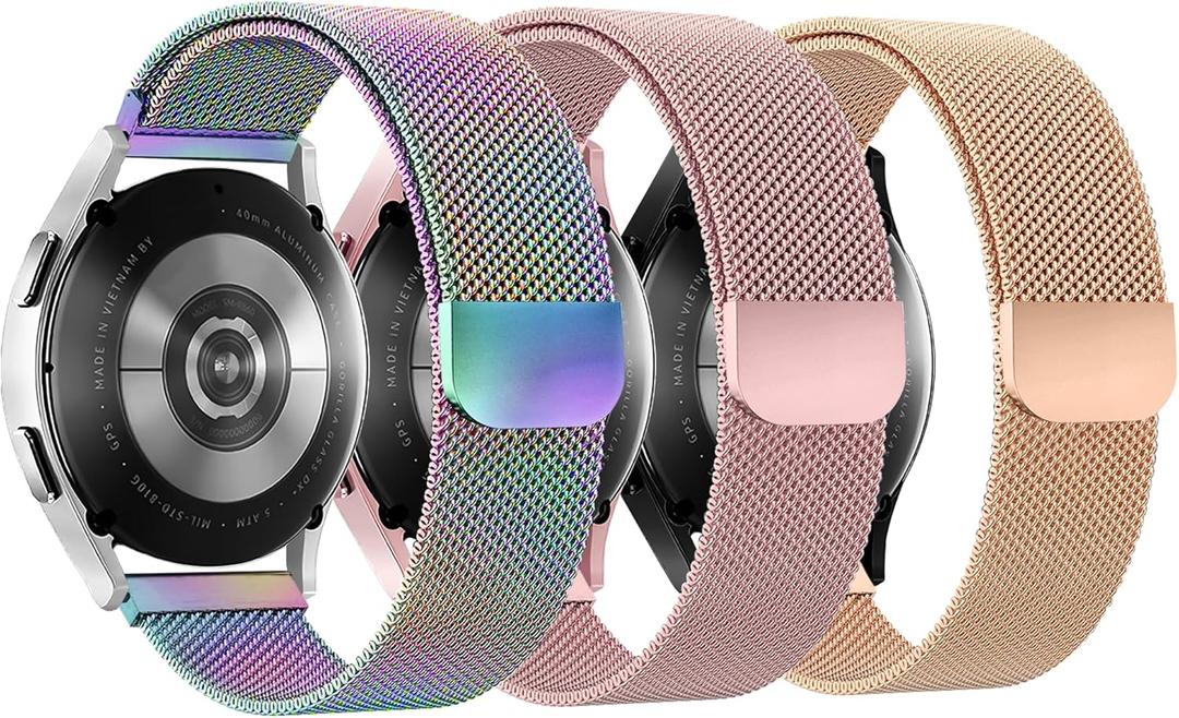 YGTIECS Soft Metal Bands Compatible with Galaxy Watch 7 Band 6 5 4 FE Active 2 40mm/44mm, 20mm Stainless Steel Milanese Strap for 6 Classic/5 Pro 45mm/4 Classic, for Samsung Watch Bands Women Men (A - Colorful + Pink + Rose Gold = 3 Packs)