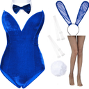 Anime Womens Bunny Girl Costume One Piece Bodysuit Halloween Cosplay Catsuit Bunny Headband Stockings Set , Meduim Size, Blue