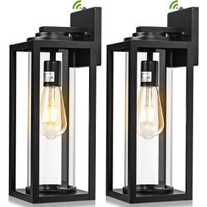 16 inch Dusk to Dawn Outdoor Wall Light - 2 Pack Exterior Waterproof Outside Lighting, Modern Porch Sconces, Wall Mounted Fixtures, Industrial Anti-Rust Matte Black Lantern for Front Door