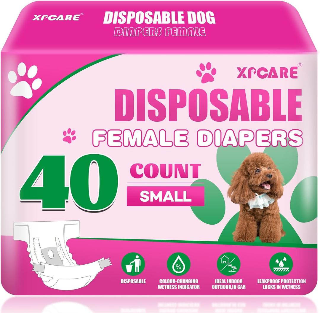 XPCARE 40 Count Disposable Female Dog Diapers, Super Absorbent, Leak Proof, Dog Diapers,Dog Period Diaper Female, for Incontinence, Estrus Female Dogs (Small)