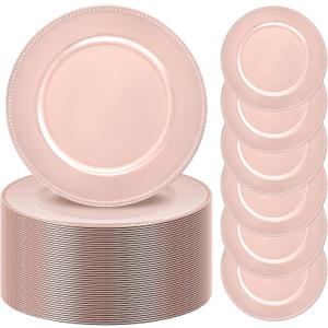 50 Pack Rose Gold Charger Plates 13" Plastic Round Charger Plates Dinner Plate With Beaded for Spring Easter Wedding Table Dinner Kitchen Catering Event Party Decoration