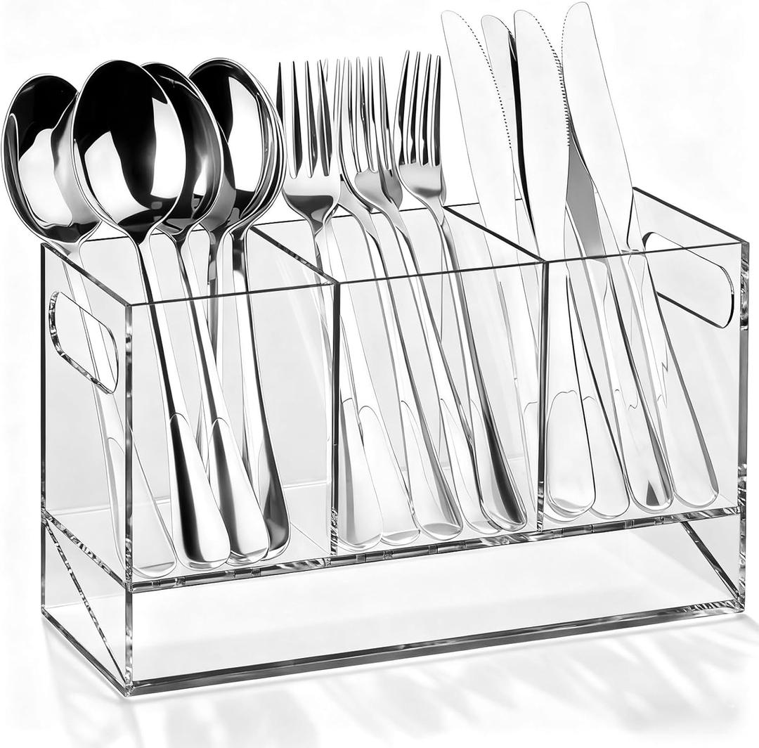 Utensil Holder, 3 Compartments Utensil Drying Rack with Automatic Drain Tray for Kitchen Counter, Transparent Acrylic Organizer for Silverware Cutlery Spoons, Forks, Knifes, Chopsticks (Clear)