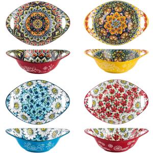 Henten Home Ceramic Salad Bowls Set, 19 oz Porcelain Soup Bowl Set of 4, Colorful Serving Bowls with Handle for Dinner, Pasta, Oatmeal, Bohemian Style, Microwave & Dishwasher Safe