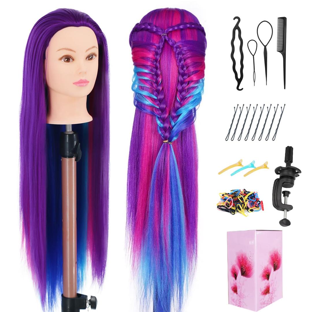Mannequin Head with Hair, 29" Cosmetology Training Doll Head for Hair Styling Practice with Clamp Holder (Purple Four Colors)