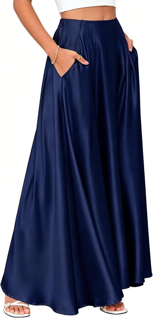 MAKABO Maxi Satin Skirts for Womens High Waisted Flowy Long A line Skirt Trendy for Office Holiday Party, Large