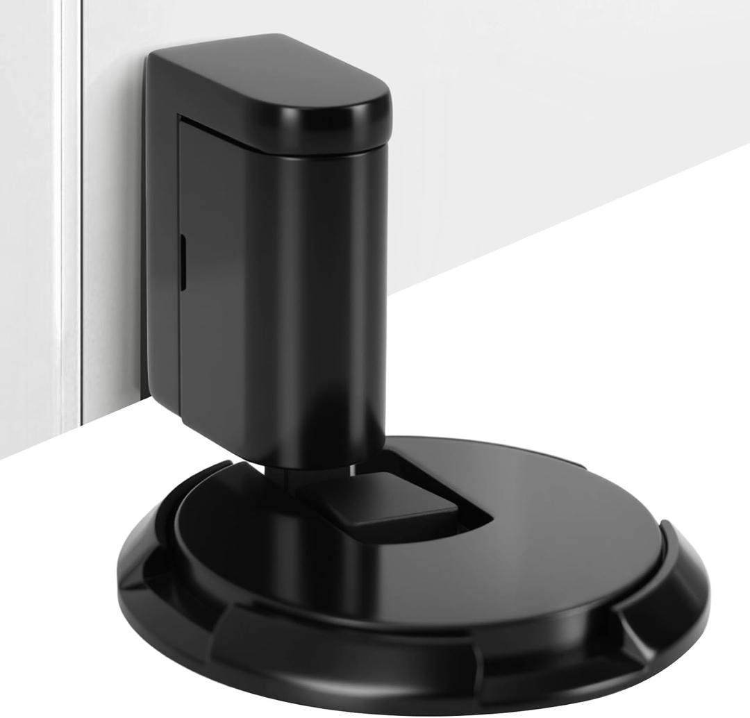 Mechanical Door Stopper with Adjustable Height - Windproof Heavy Duty Design, No Drilling Installation, with 3M Adhesive & Screws for All Floor Types (Matte Black)