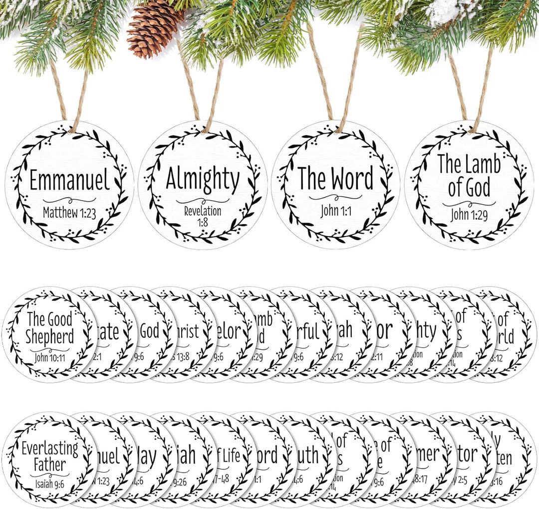 Bucherry 24 Pcs Names of Jesus Christ Christmas Ornament 3.5 in Nativity Round Wooden Hanging Ornaments with Different Names of The Savior for Xmas Tree Home Decor(White)
