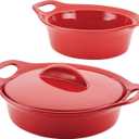 Rachael Ray Solid Glaze Ceramics Casserole Bakers/Baking Dish with Shared Lid Set, 3 Piece, Red