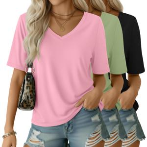 3 Pack Women's V Neck T Shirts Half Sleeve Summer Casual Tops Loose Straight Hem Basic Tees Trendy Outfits (XL)