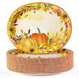 Homlouue 12x10 Oval Fall Paper Plates, 50PCS Fall Leaves Pumpkins Plate, Heavy Duty Thanksgiving Plates, Large Thanksgiving Paper Plate Disposable for Autumn Theme Party Decoration Serve 50 Guests