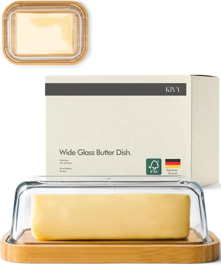 KIVY Large Butter Dish with Lid - Fits 2 Butter Sticks and Wider Sizes (Kerry gold, European Styles, Eastern, Western) - 2 Stick Butter Dish - Glass & Bamboo