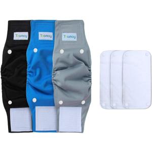 Teamoy Belly Bands for Male Dogs with Removable Pads, Reusable Washable Puppy Dog Diaper Wraps(Pack of 3), S (Gray+black+blue(white Lining))