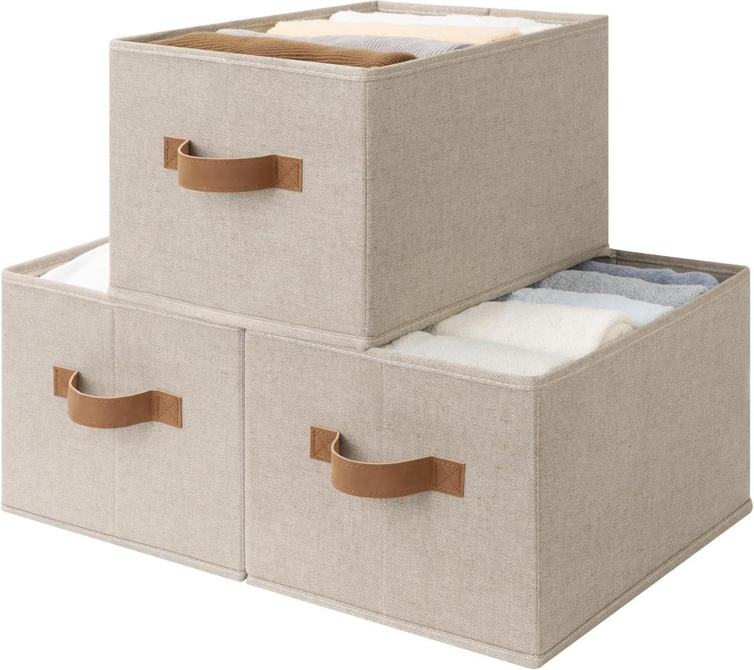 StorageWorks Shelf Baskets for Organization, Linen Closet Organizers and Storage Basket, Foldable Storage Bins, Closet Organizer Bins for Clothes, Brown & Beige, 3-Pack, Large