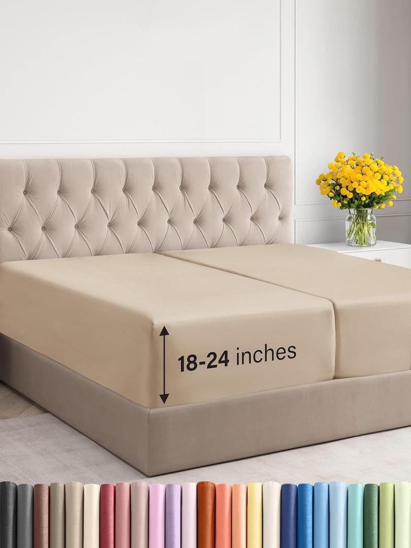 Extra Deep Split King Fitted Sheet - Hotel Luxury Single Fitted Sheet Only - Easily Fits 18 inch to 24 inch Mattress - Ultra Soft, Wrinkle & Fade Free w/Extra Deep Pocket - Breathable & Comfy - Cream