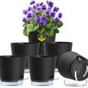 Meowell 6 inch Self Watering Pots for Indoor Outdoor Plants, 6 Pack Flower Plant Pots with Drainage Holes and Clear Reservoirs, Visible Water Level, Plastic Planters with Wicking Rope, Black