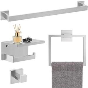 TURS Bathroom Hardware Set Brushed Nickel 4-Piece Towel Bar Set Include 24 Inch Towel Bar Towel Ring Towel Hook Toilet Paper Holder with Shelf Wall Mounted.