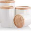 Sweejar Kitchen Canisters Ceramic Food Storage Jar Set, Stackable Containers with Airtight Seal Wooden Lid for Serving Ground Coffee, Tea, Herbs, Grains, Sugar, Salt - Set of 3 (White)