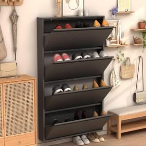 LUCYPAL Shoe Cabinet with 4 Flip Drawers,Slim Shoe Storage Cabinets for Entryway,Black Narrow Shoes Cabinet Organizer for Hallway, Living Room, Bedroom