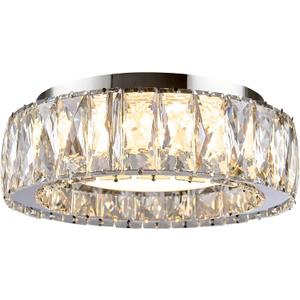 Dimmable Crystal Modern LED Flush Mount Ceiling Light,Chrome 11 Inch Small Chandelier 24W 5CCT 3000K-6000K Hallway Close to Ceiling Light Fixtures for Kitchen,Entryway,Laundry Room,Bedroom