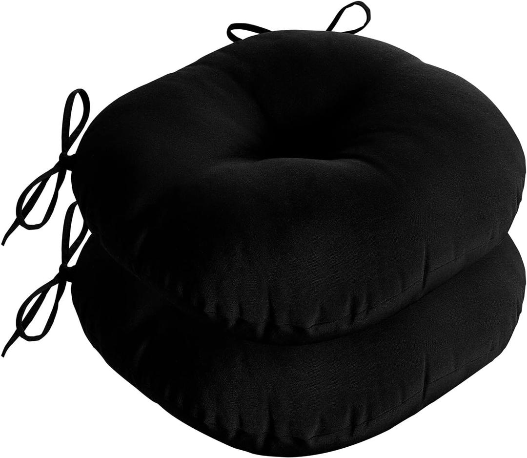 downluxe Bistro Chair Cushions for Patio Furniture, Water-Resistant Round Outdoor Chair Cushions Set of 2 with Non-Slip Ties, 15" x 15", Black
