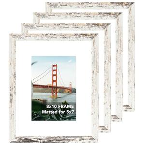 OMISHE Wood 8x10 Picture Frame for Wall or Tabletop, Display 5x7 with Mat or 8x10 without, Sturdy 8 by 10 Frame Photo Frame with Shatter Resistant Plexiglass, 4 Pack, Rustic White