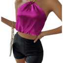 SOLY HUX Women's Crop Halter Tops Sleeveless Backless Going Out Satin Crop Tops Plain HotPink Medium (Purple, M)