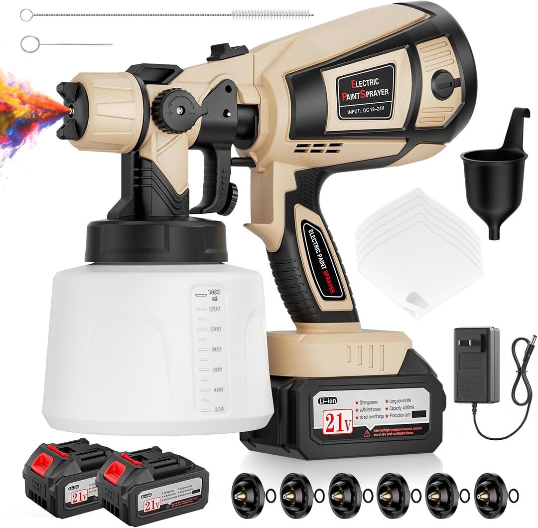 Paint Sprayer, 650W Spray Paint Gun with Battery 2  4.0mAh & 1400ML Container, Easy to Clean & Setup, Electric Paint Sprayer for House Painting Graffiti Wall Fence Furniture DIY Projects (Brown)