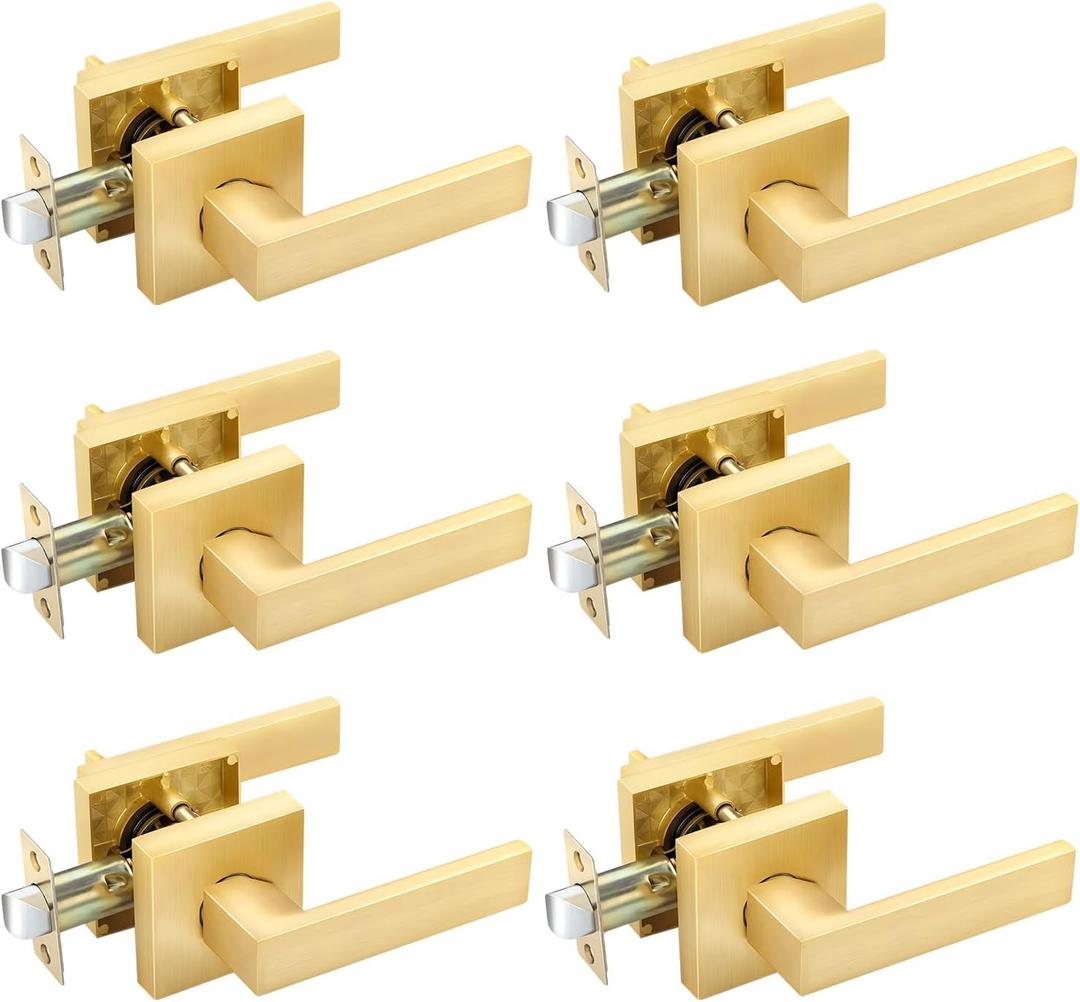 EHOMEWARE 6 Pack Keyless Door Handle Set Passage Door Lever for Hall and Closet, Satin Brass Finish