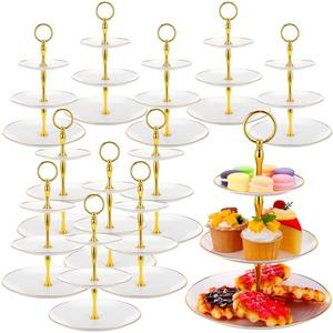 Teenyyou 12 Pack 3 Tier Cupcake Stand Bulk Tiered Dessert Stand Thick Plastic Serving Tray with Gold Edges Dessert Table Display Set Tea Cake Holder for Wedding Birthday Party (White)