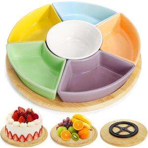 AVLA 11" Ceramic Divided Serving Dishes, Lazy Susan Party Appetizer Platter, 6 Removable Snack Bowl with Rotatable Bamboo Tray, Porcelain Relish Tray for Chips and Dips, Candy, Nut, Condiment, Veggie