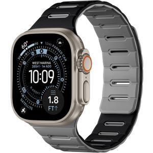 Bandletic Double Magnetic Compatible with Apple Watch Series 11 Band 46mm Men, Rugged Silicone Sport Watchband for iWatch 49mm(Ultra3/Ultra2),45mm(9/8/7), 44mm(SE3/SE2/SE/6/5/4),42mm(3/2/1),Black Gray