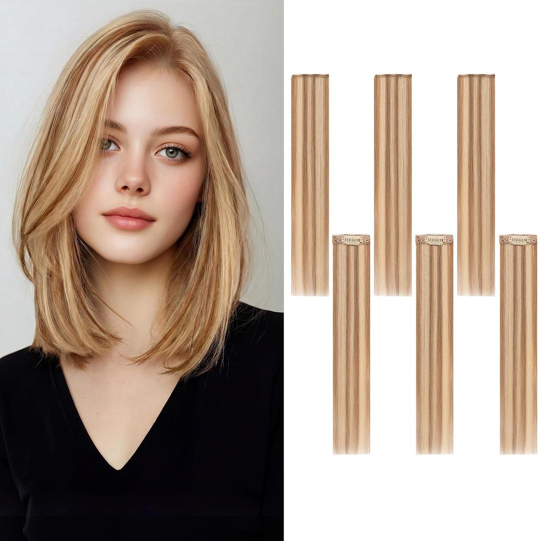 6PCS Clip in Hair Extensions Real Human Hair Short Clip in Extensions for Women Short Straight Hairpieces to Add Volume and Highlights 10 Inch Light Brown & Bleach Blonde