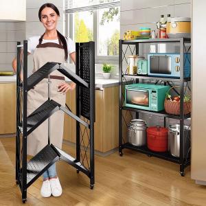 BRIGHTSHOW 4 Tier Storage Shelves Unit, Foldable Garage Shelving Metal Wire Shelf Rack, No Assembly Baker Rack Organizer Microwave Stand for Kitchen, Basement, Pantry, Laundry Room (4 tire Shelf)