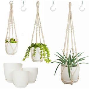 Macrame Plant Hangers with Pots and Saucers, 3 Pack Hanging Planters for Indoor Plants Hanging Plant Holders with Hooks 34" / 26" / 20" (Medium, White)