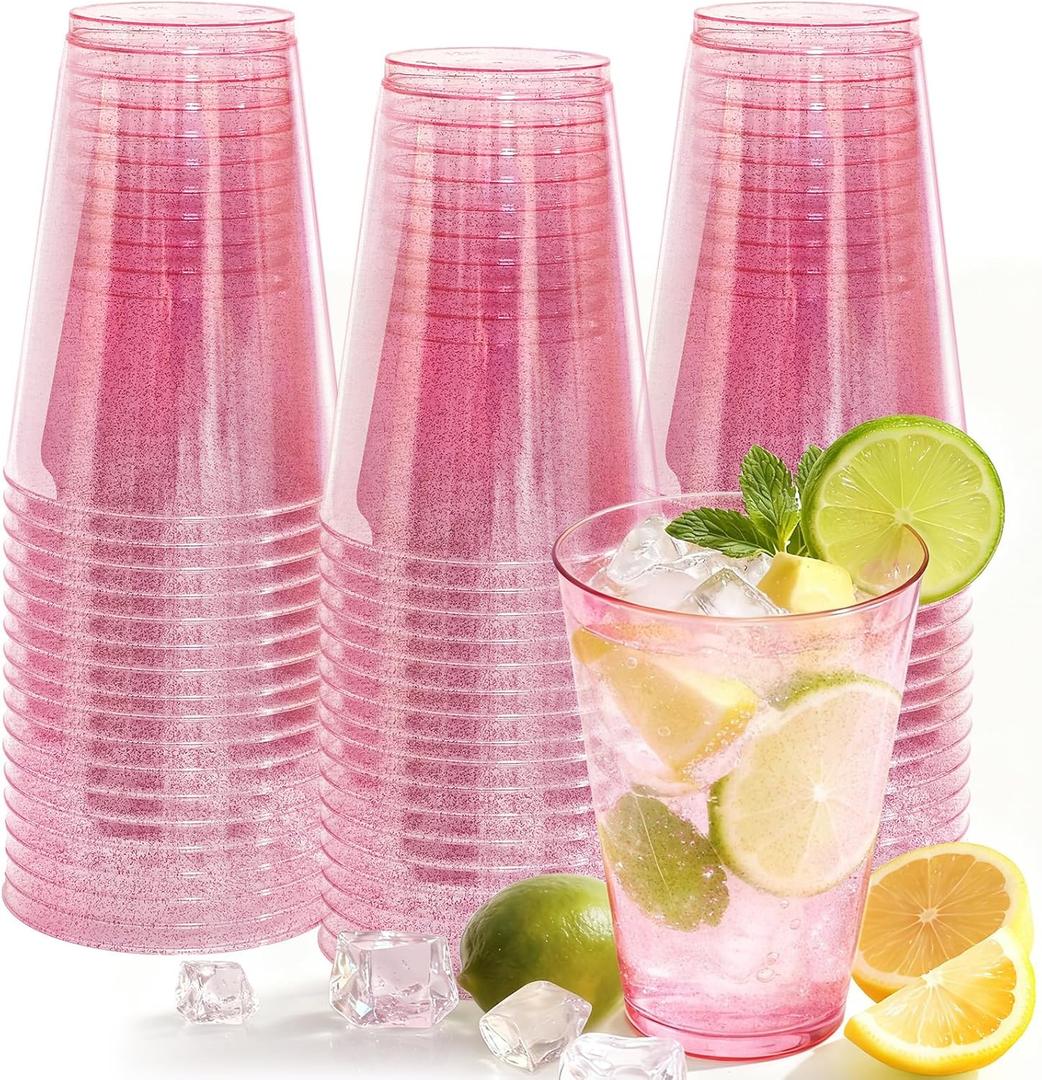 50 Pack Plastic Cups Disposable 12 oz Pink Glitter Party Cups for Cocktail Fancy Clear Plastic Cup Drinking Glasses for Mother's Day Party Birthday Wedding Graduation
