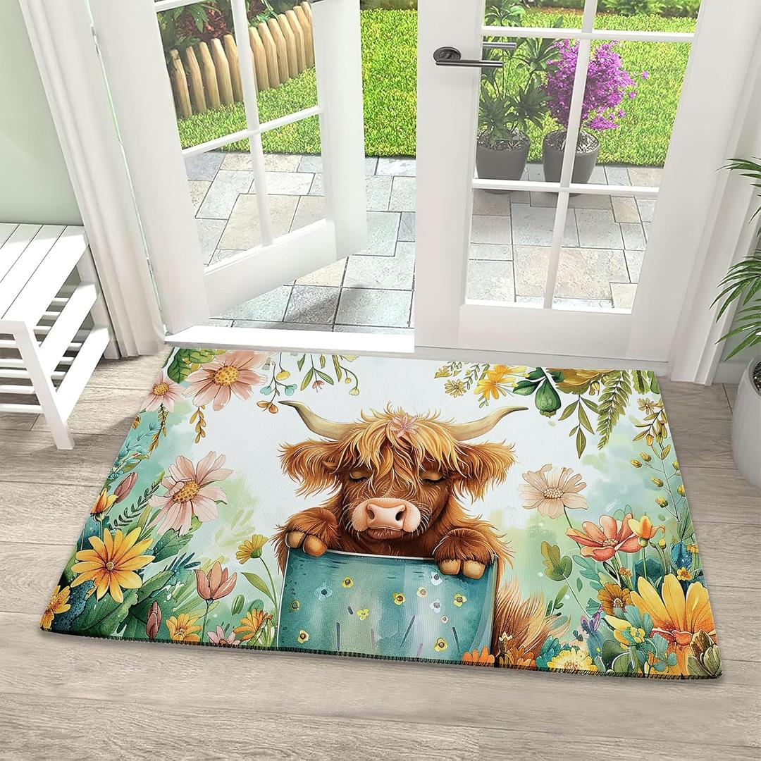 Door Mat, Cute Calf Welcome Mat, Colorful Spring Flowers Doormats Indoor Entrance, Indoor Outdoor Mat, Low-Profile Floor Rugs for Entry, Patio, 17''x30'' (Cartoon Water Colour Flower Cow), Pack Of 2