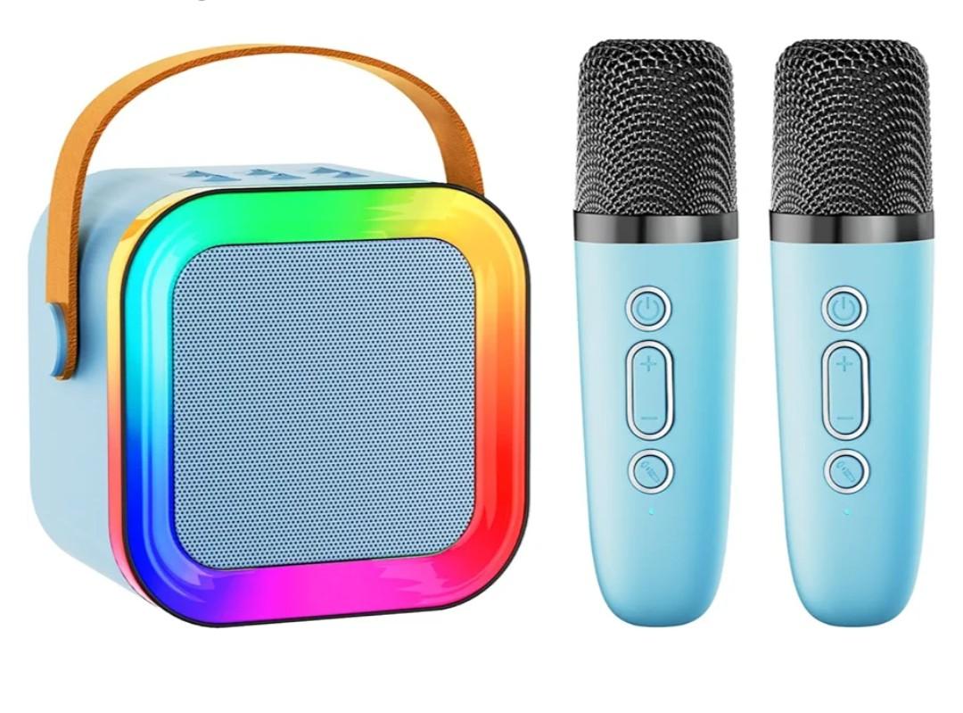 Mini Karaoke Machine Speaker for Kids Adults,Portable Bluetooth with 1-2 Wireless Microphones,Christmas Birthday Gifts Toys Girls Boys Ages 4, 5, 6,7, 8,9,10,11,12+ Years Old Toddler (Blue - 2 Mic), Pink with Blue