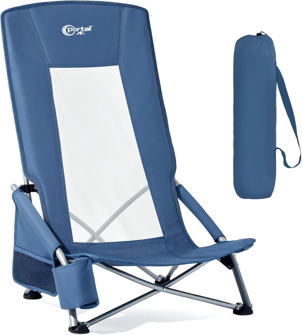 Portal High Back Beach Chair for Adults - Heavy Duty 350 lbs Folding Portable Sand Chair with Cup Holder & Side Pocket, Breathable Mesh Tall Camping Chair with Rotating Feet for Outdoor Travel Blue
