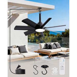 LANMEL 28 Inch Plug-In Outdoor Ceiling Fan with Light and Remote, Waterproof Hanging Fan Light with Hook, 6 Speed, Reversible, 3000k-6000k LED, Portable Fan for Camping, Patios, Porch, RV (Black)
