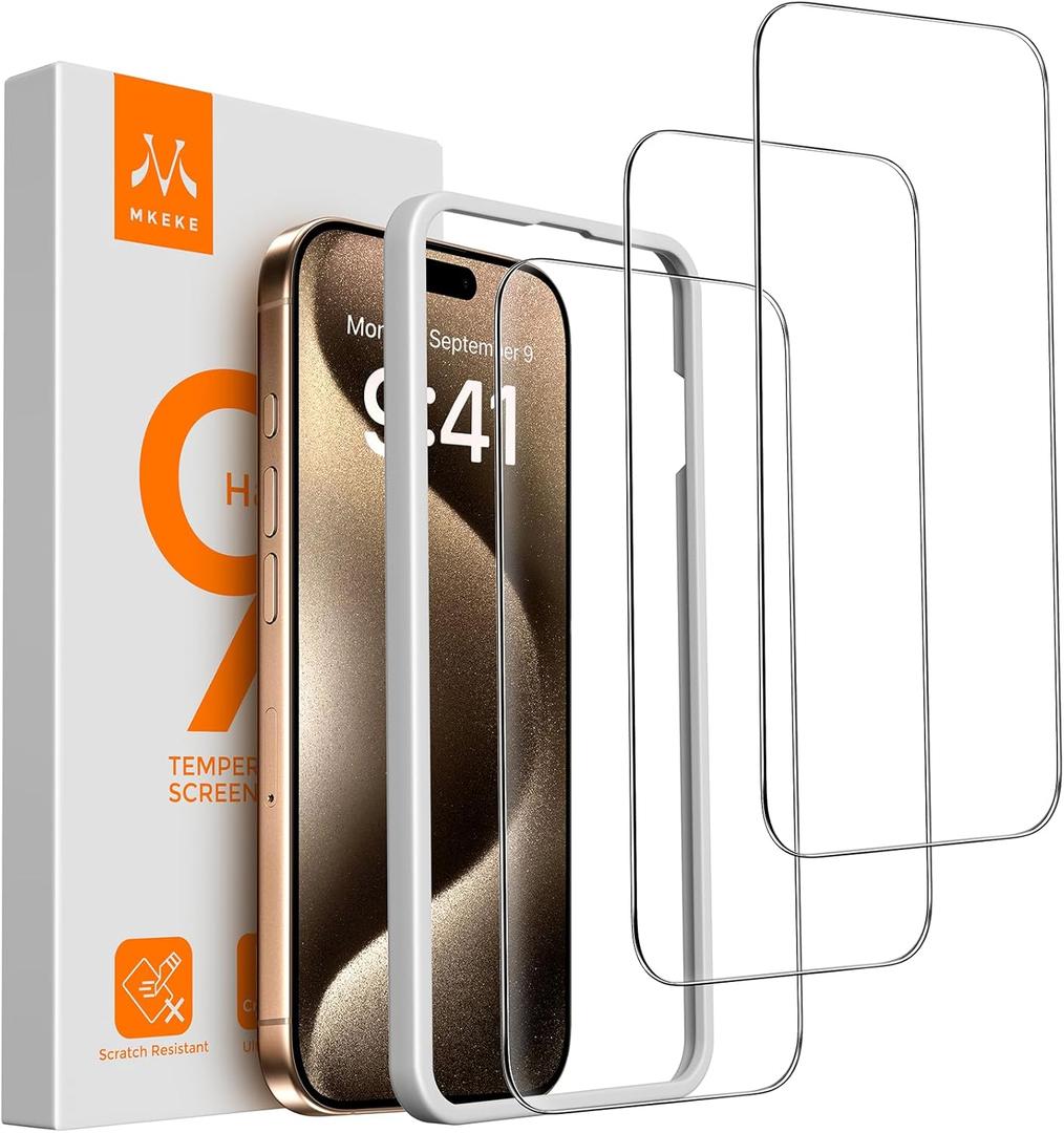 Mkeke 3 Pack Screen Protector for iPhone 15 Pro Max 6.7", [9H+ Tempered Glass] [Easy Installation Frame] [Military-Grade Drop Protection] HD Clear, Anti-Scratch, Bubble Free, Pack of 3