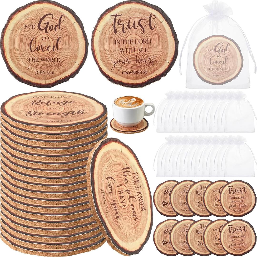 50 Sets 4" Christian Bulk Coasters with Bible Verses Christian Cork Coasters Set Mother's Day Party Favor for Adult Home Indoor Pastor Teacher Family Sunday Church Present