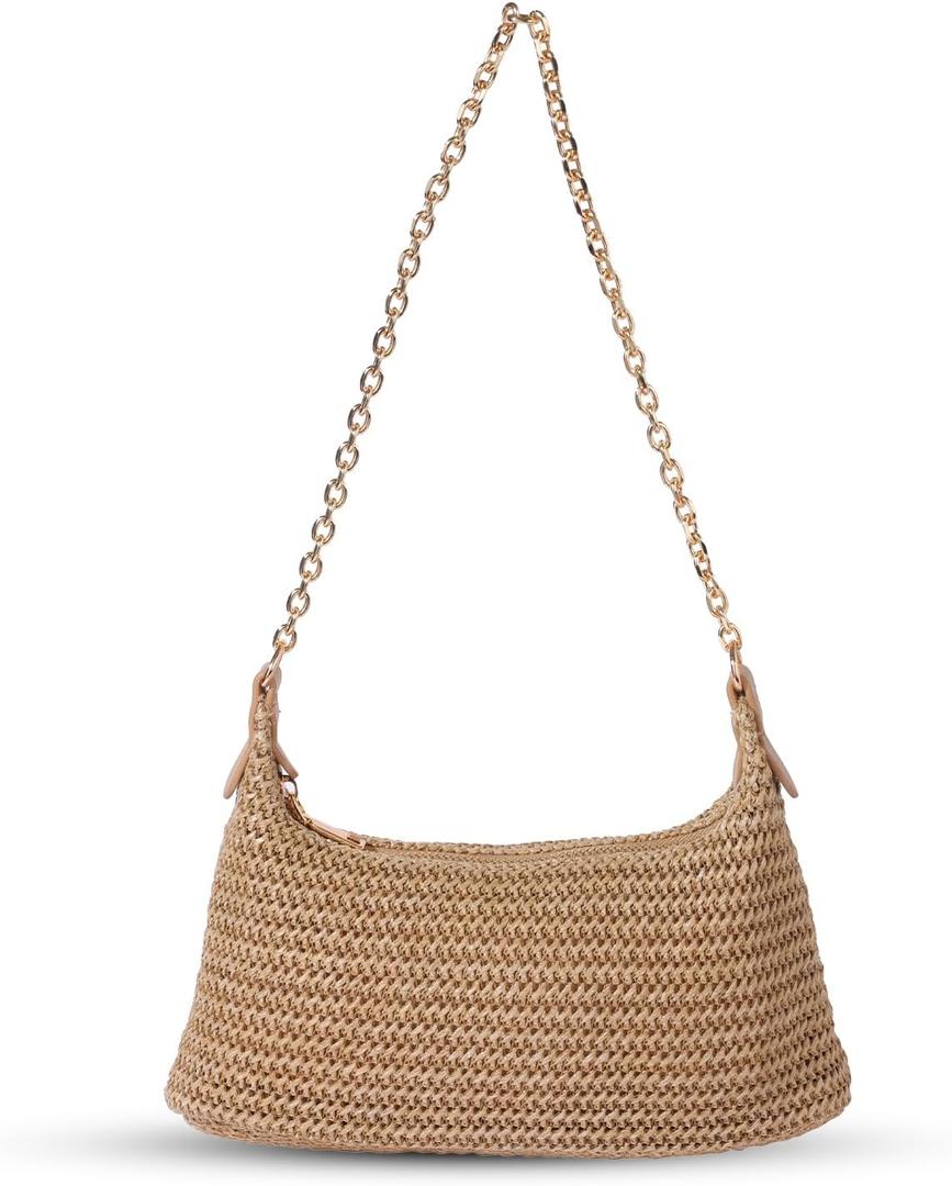 Women's Straw Woven Beach Bag Summer Vacation Shoulder Purse (Brown)